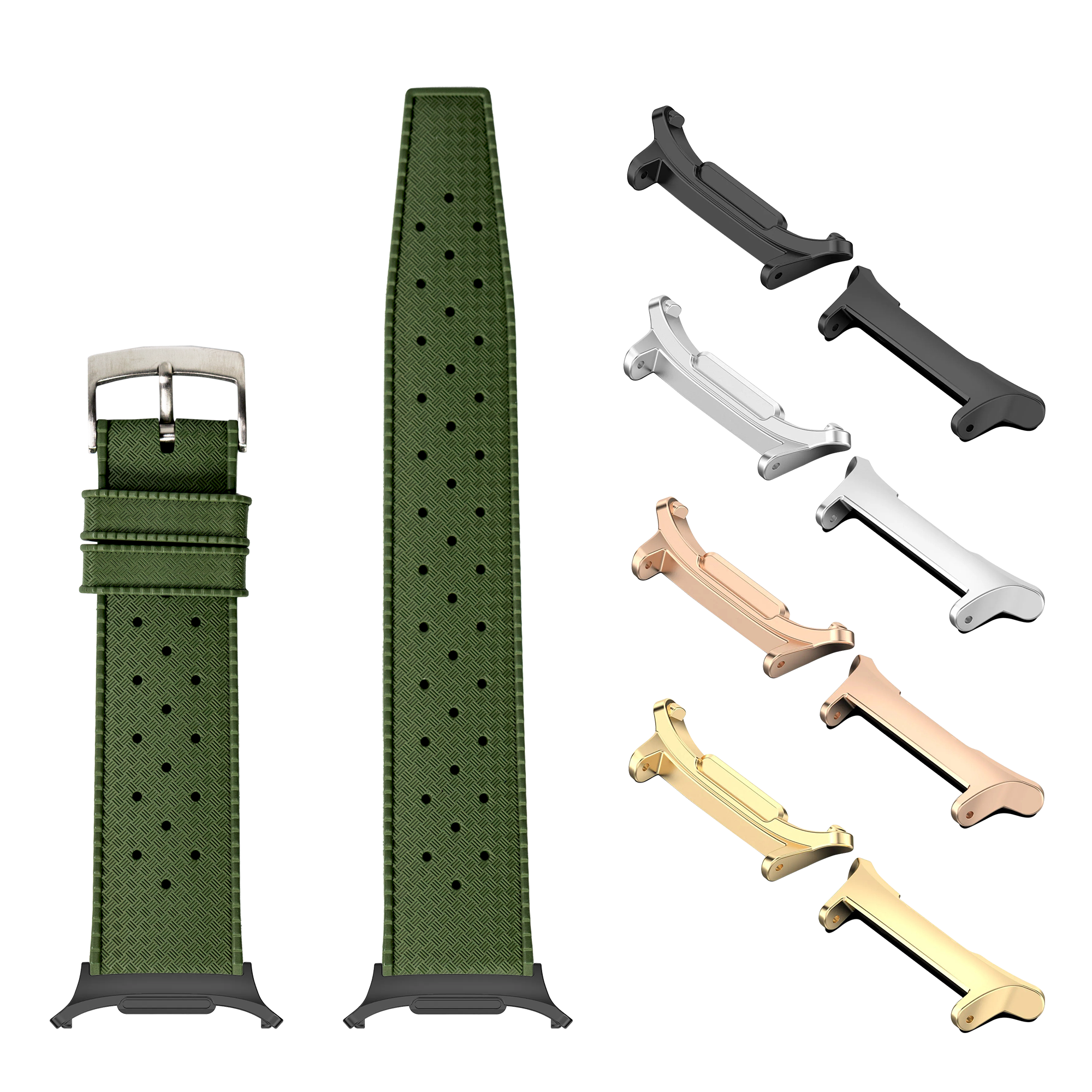 Green perforated rubber watch band with interchangeable metal lugs in multiple finishes including black, silver, rose gold, and gold