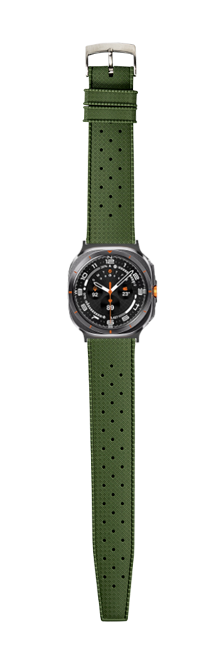 Green perforated FKM rubber watch strap with metal buckle and black dial sports watch featuring orange accents