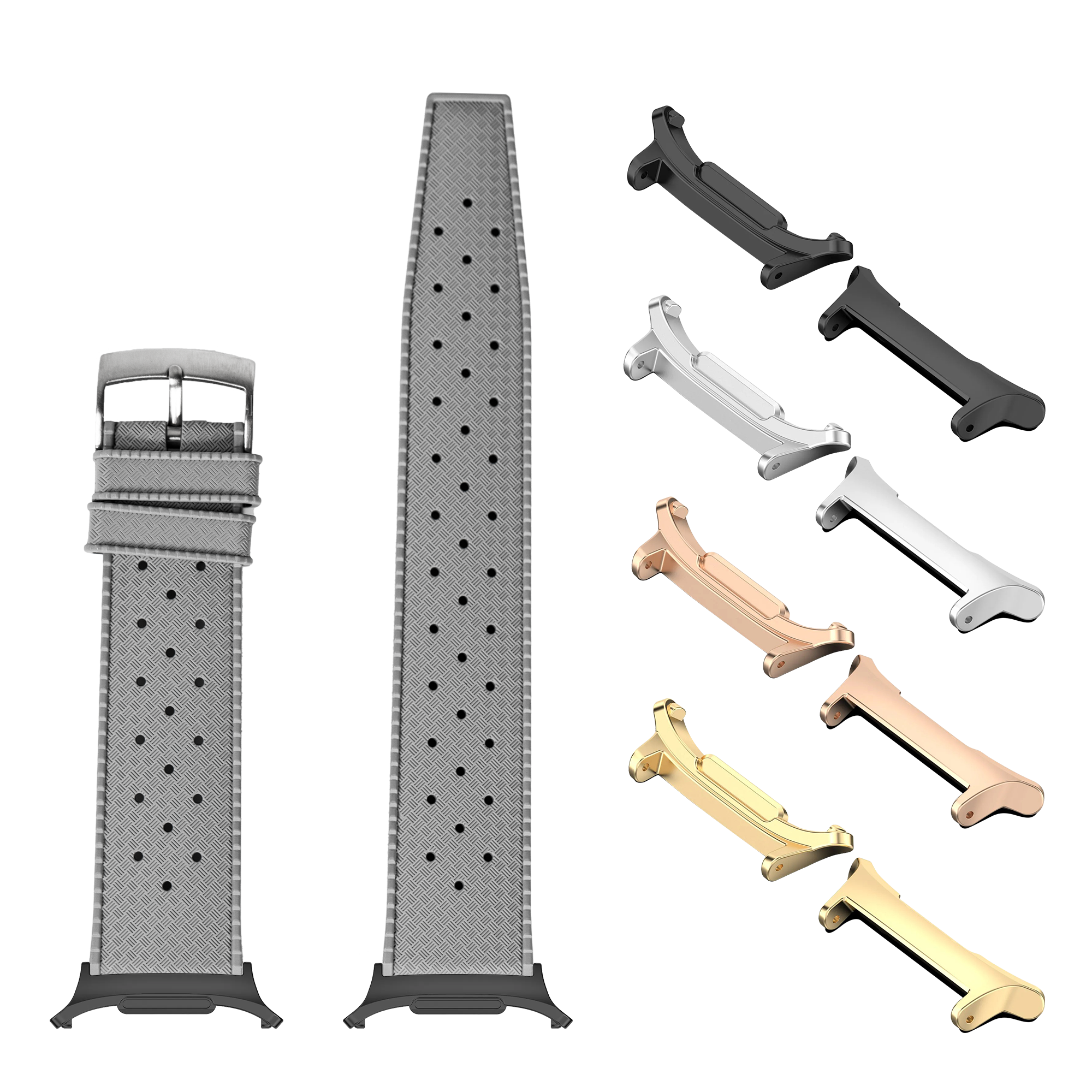Grey FKM rubber watch band with interchangeable spring bar connectors in multiple finishes for Galaxy Watch 8 and Ultra models