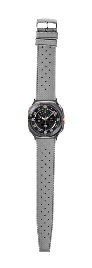 Grey FKM rubber tropical watch strap with perforated design and silver buckle for Galaxy Watch 8 and Ultra
