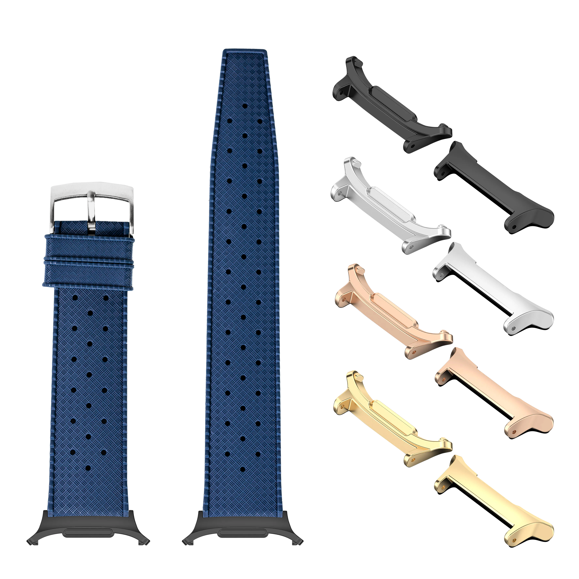 Navy blue perforated FKM rubber watch band with silver buckle, shown with interchangeable lugs in black, silver, rose gold, and gold finishes
