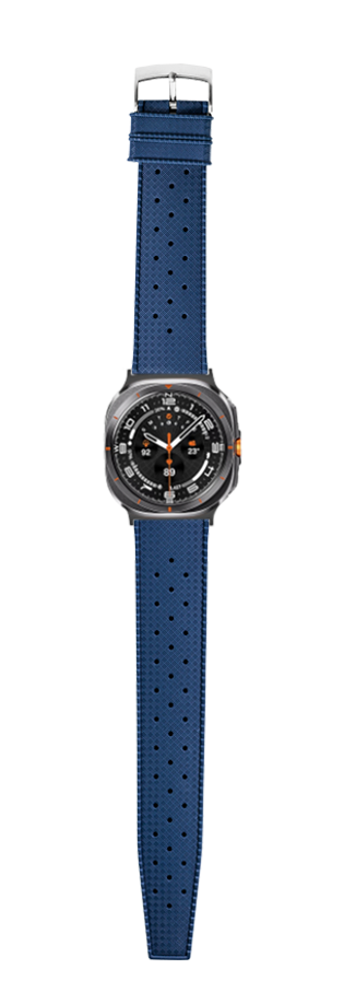 Navy blue FKM rubber watch strap with perforated design and gunmetal case smartwatch, stainless steel buckle