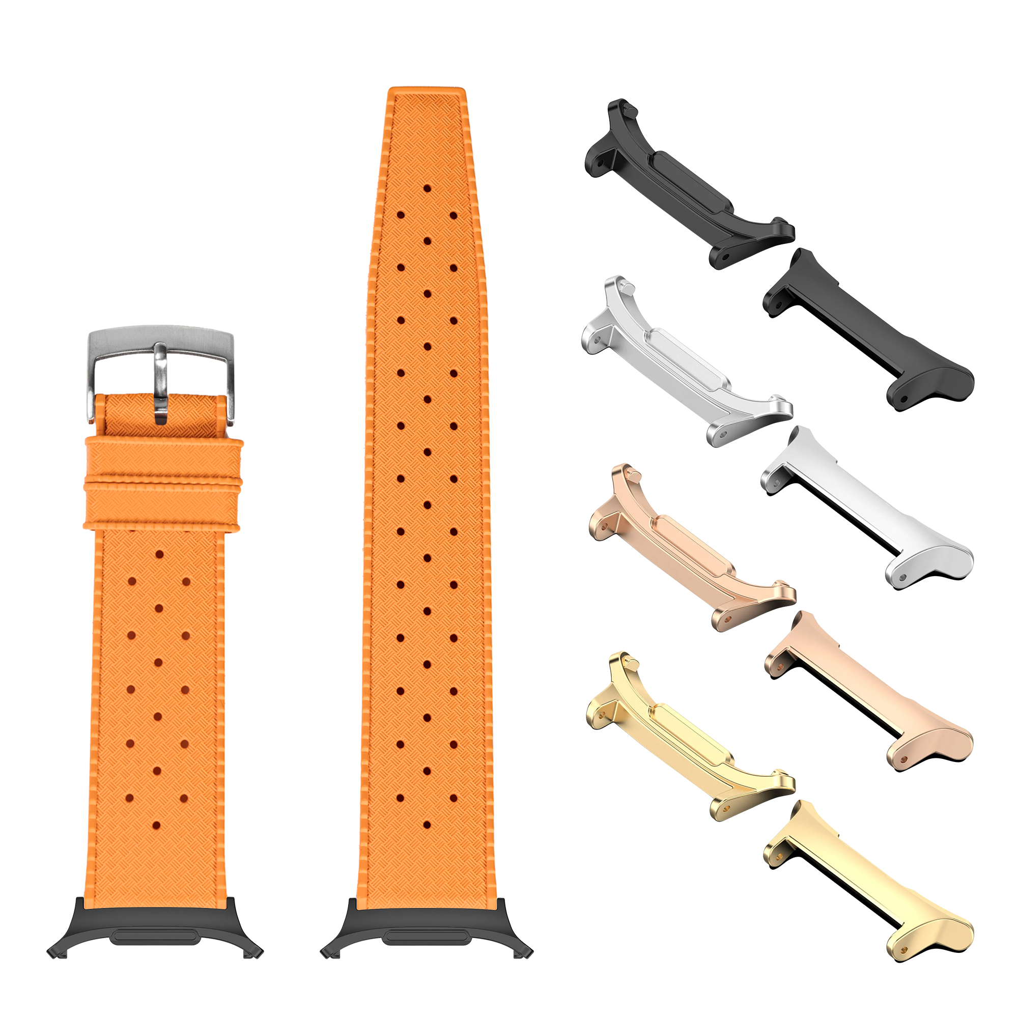 Orange FKM rubber watch band with perforated design, interchangeable lugs in multiple finishes, and stainless steel buckle for Galaxy Watch 8 Ultra