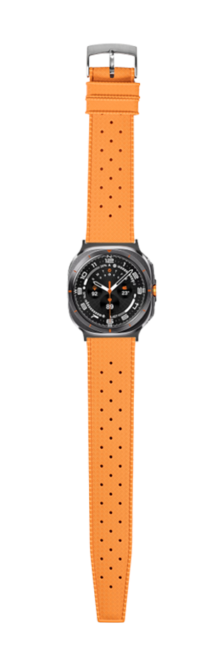 Orange FKM rubber watch band with perforated design and gunmetal case for Galaxy Watch 8 and Ultra models