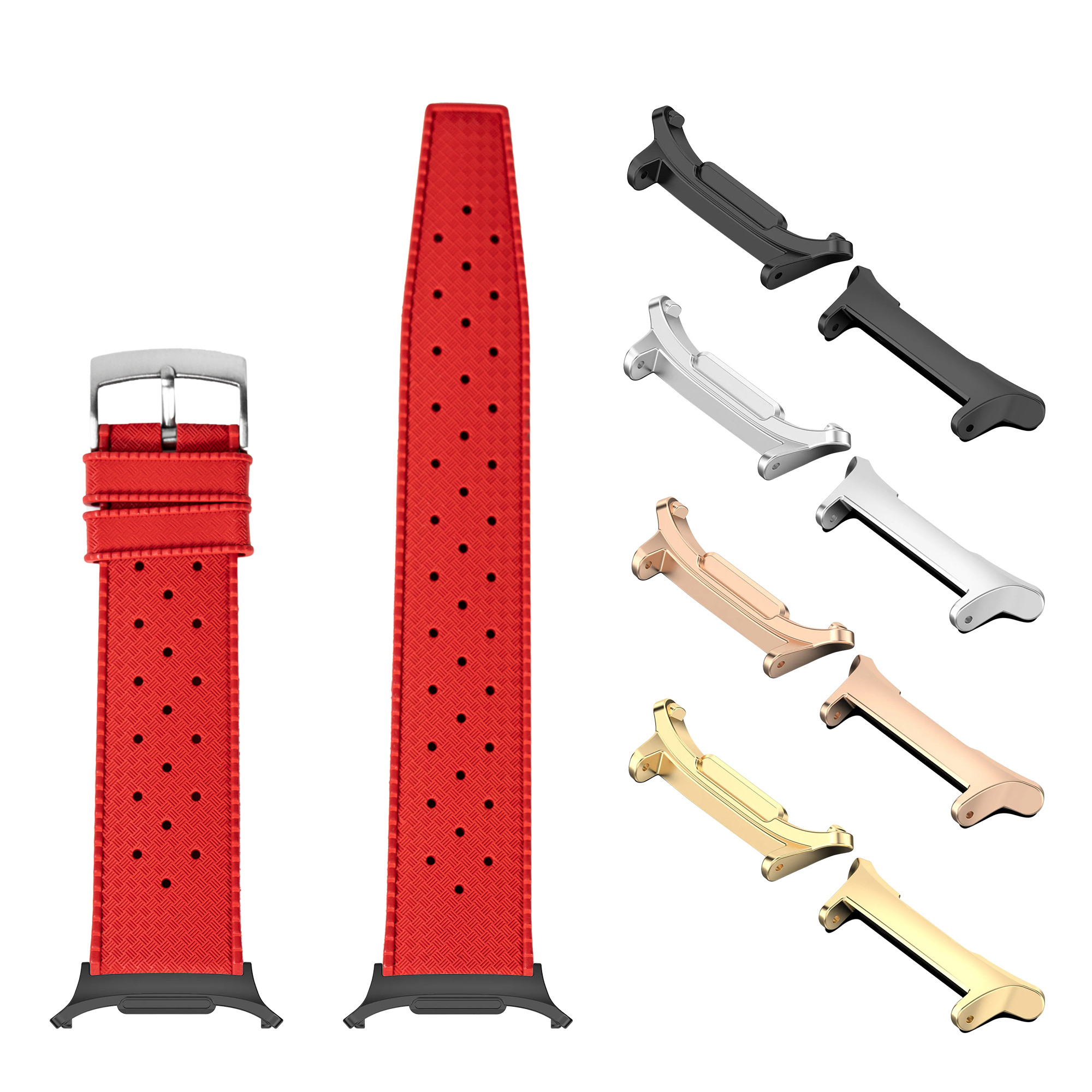 Red perforated FKM rubber watch band with interchangeable metal lugs in multiple finishes including black, silver, rose gold and gold