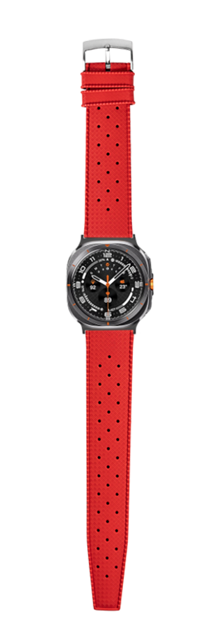 Galaxy Watch smartwatch with red perforated FKM rubber strap and black dial with orange accents