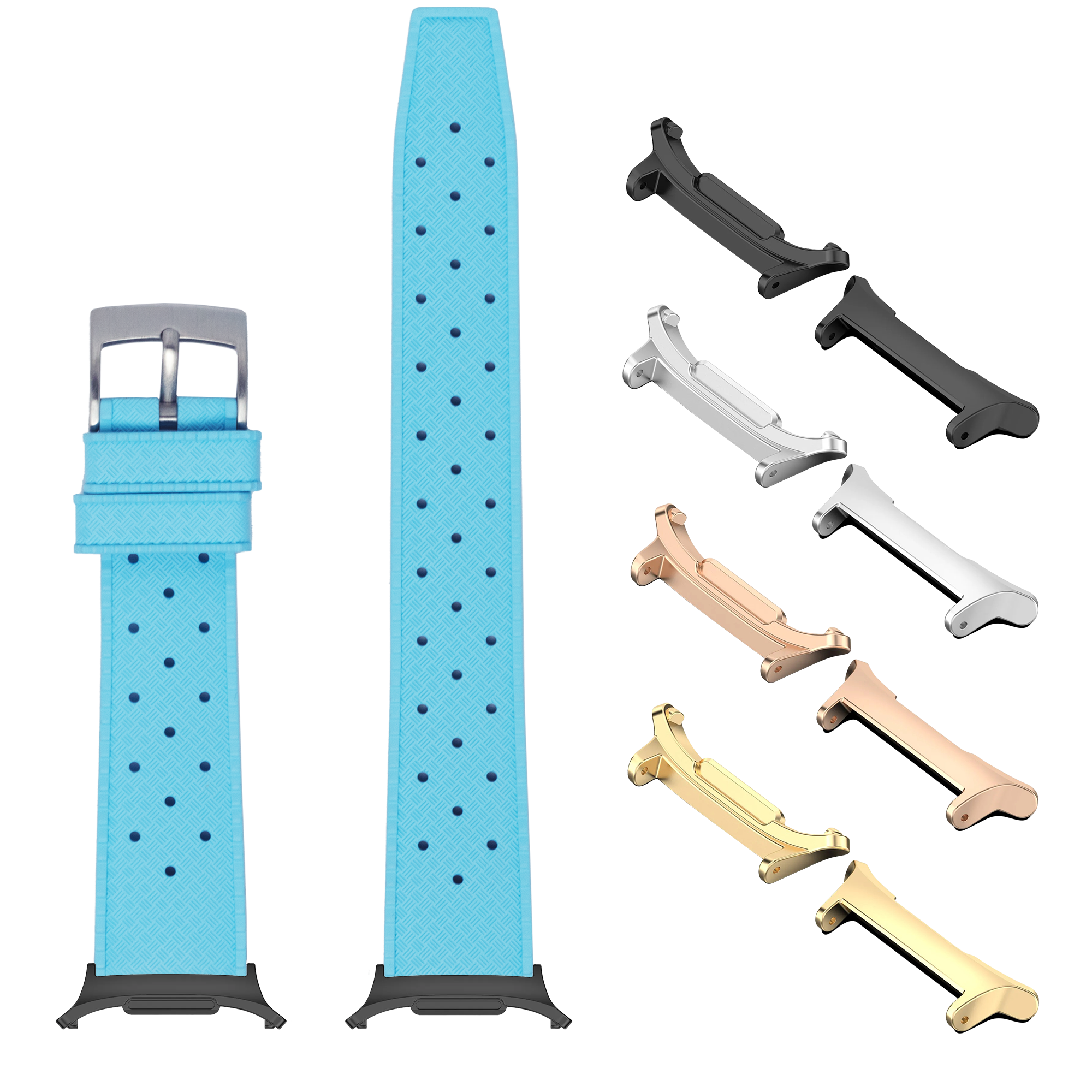 Sky blue rubber watch band with interchangeable metal lugs in black, gold, silver and rose gold finishes