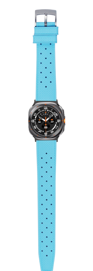Sky blue FKM rubber watch band with perforated holes and black dial sports watch with metal case