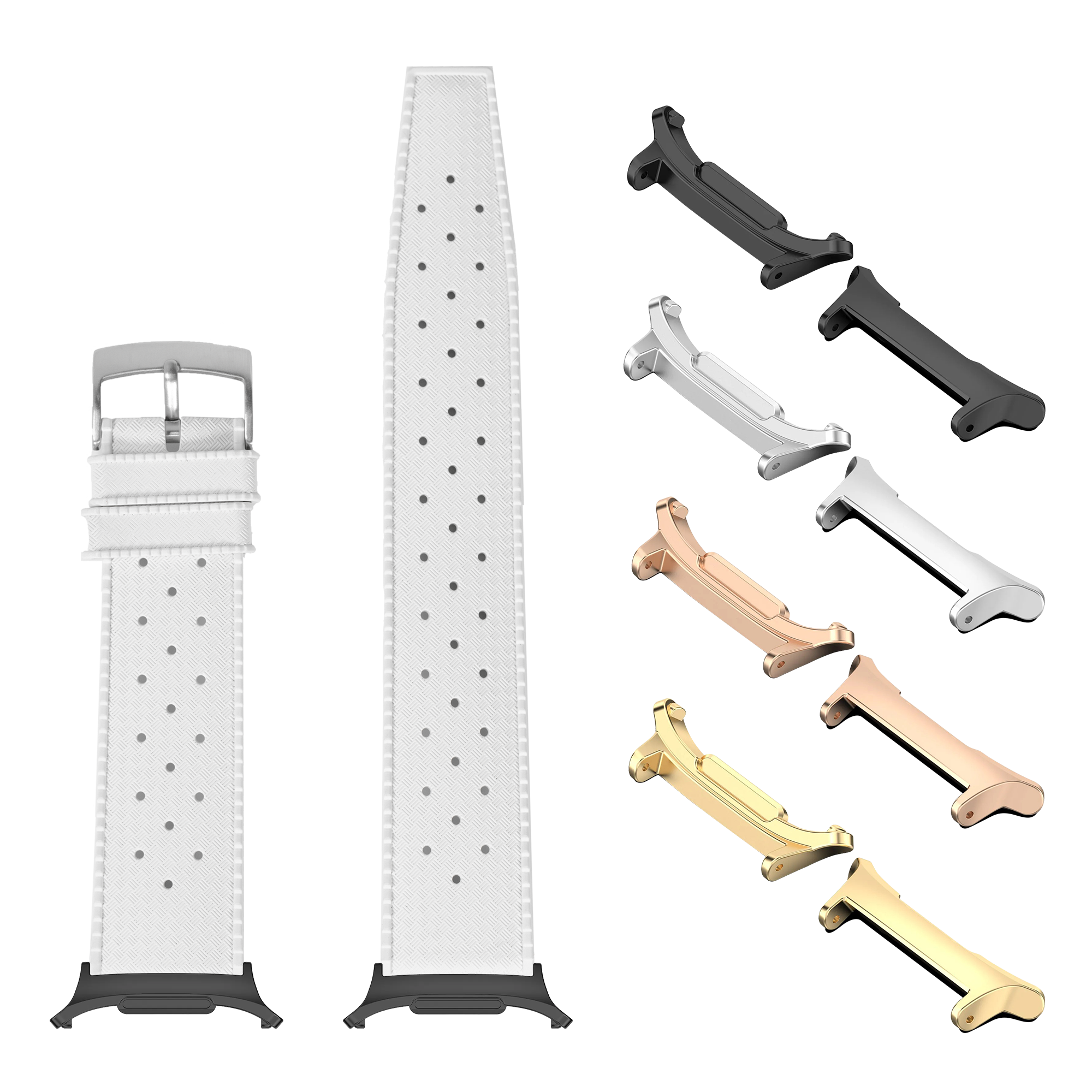 White perforated FKM rubber watch band with silver buckle and interchangeable lugs in black, silver, rose gold, and gold finishes