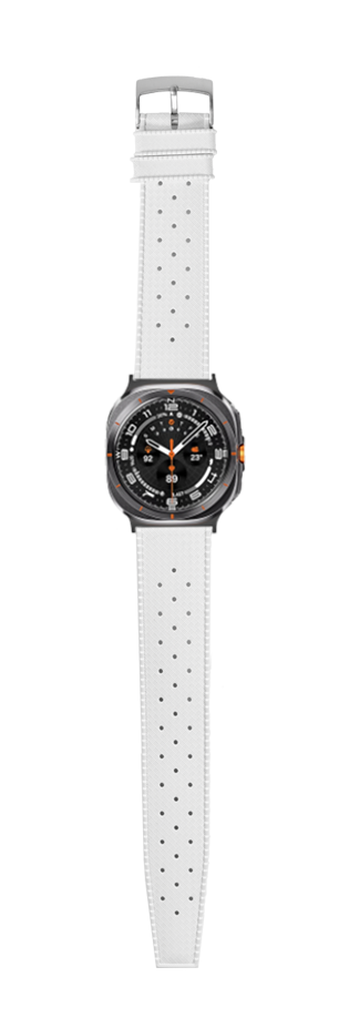 Galaxy Watch 8 Ultra smartwatch with white perforated FKM rubber strap and black dial with orange accents