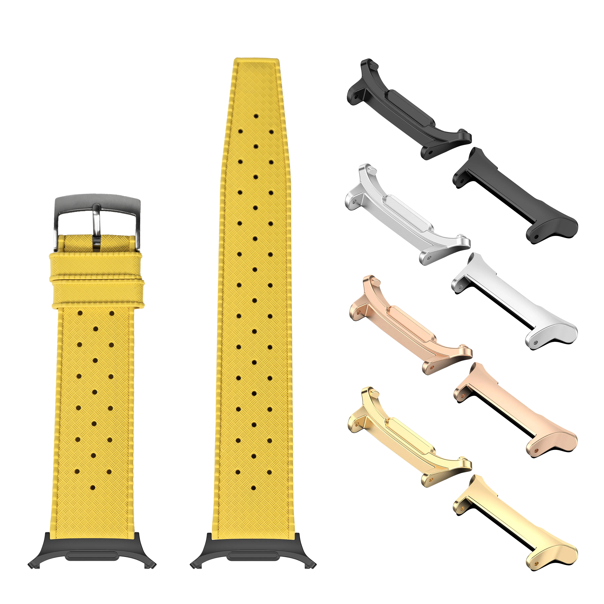 Yellow FKM rubber watch band with perforated design and interchangeable metal lugs in multiple finishes