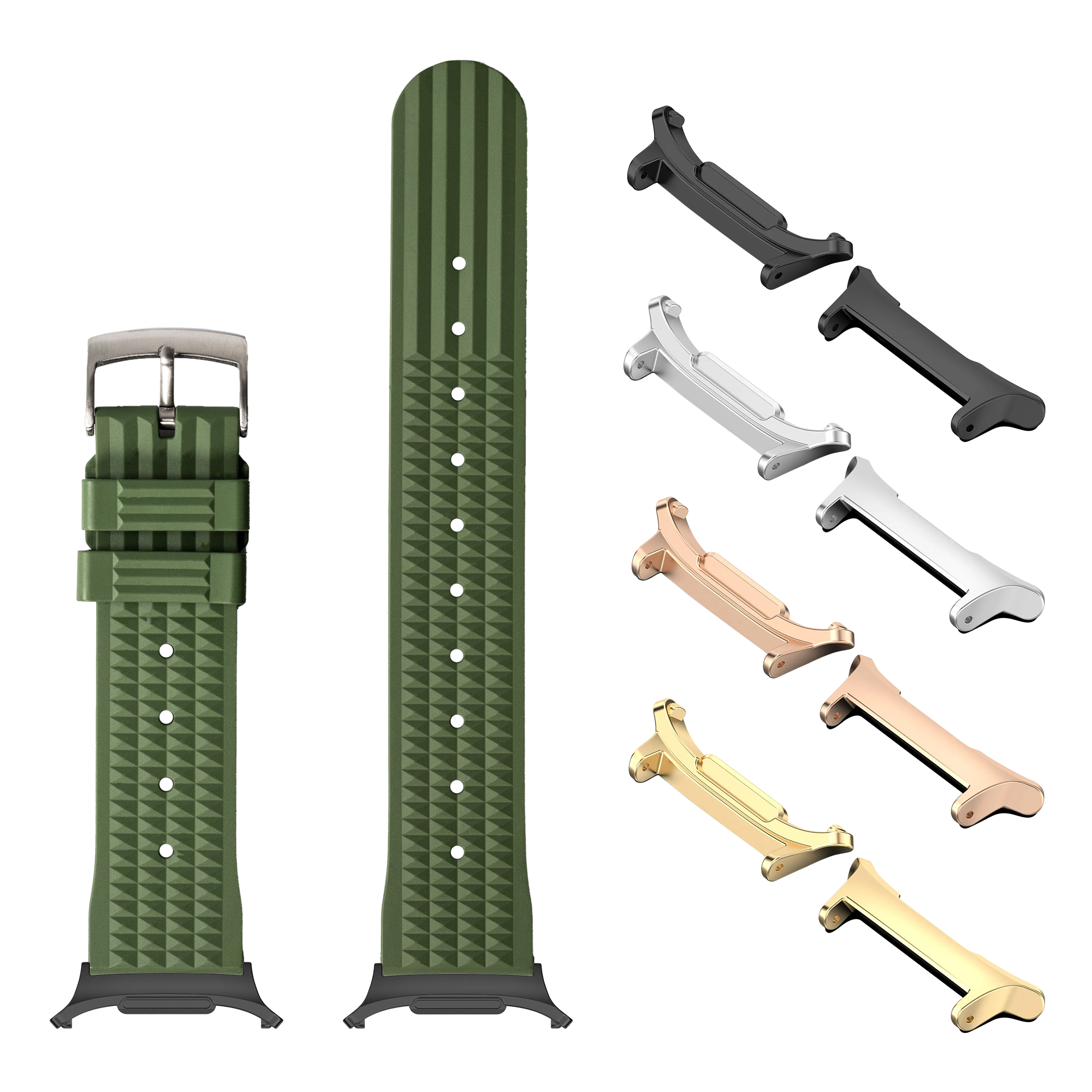 Green waffle rubber watch bands with interchangeable metal lugs in black, silver, rose gold, and gold finishes