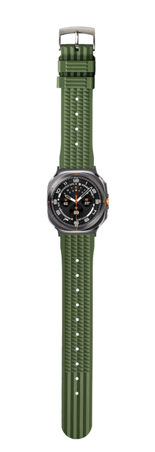 Galaxy Watch 8 Ultra smartwatch with army green waffle FKM rubber strap and black dial with orange accents