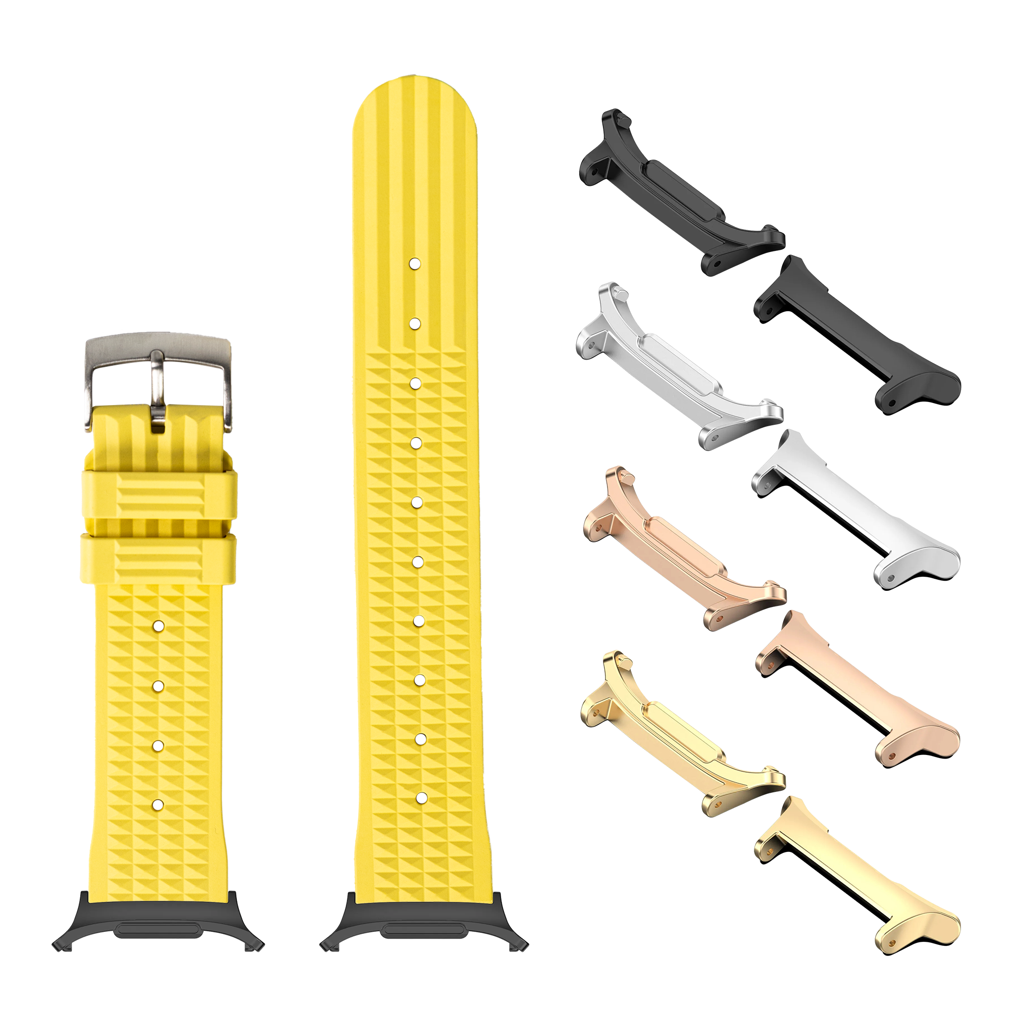 Yellow FKM rubber watch band with waffle pattern and interchangeable lugs in multiple metal finishes