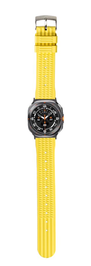 Black sport watch with yellow textured rubber strap and orange accents on dial
