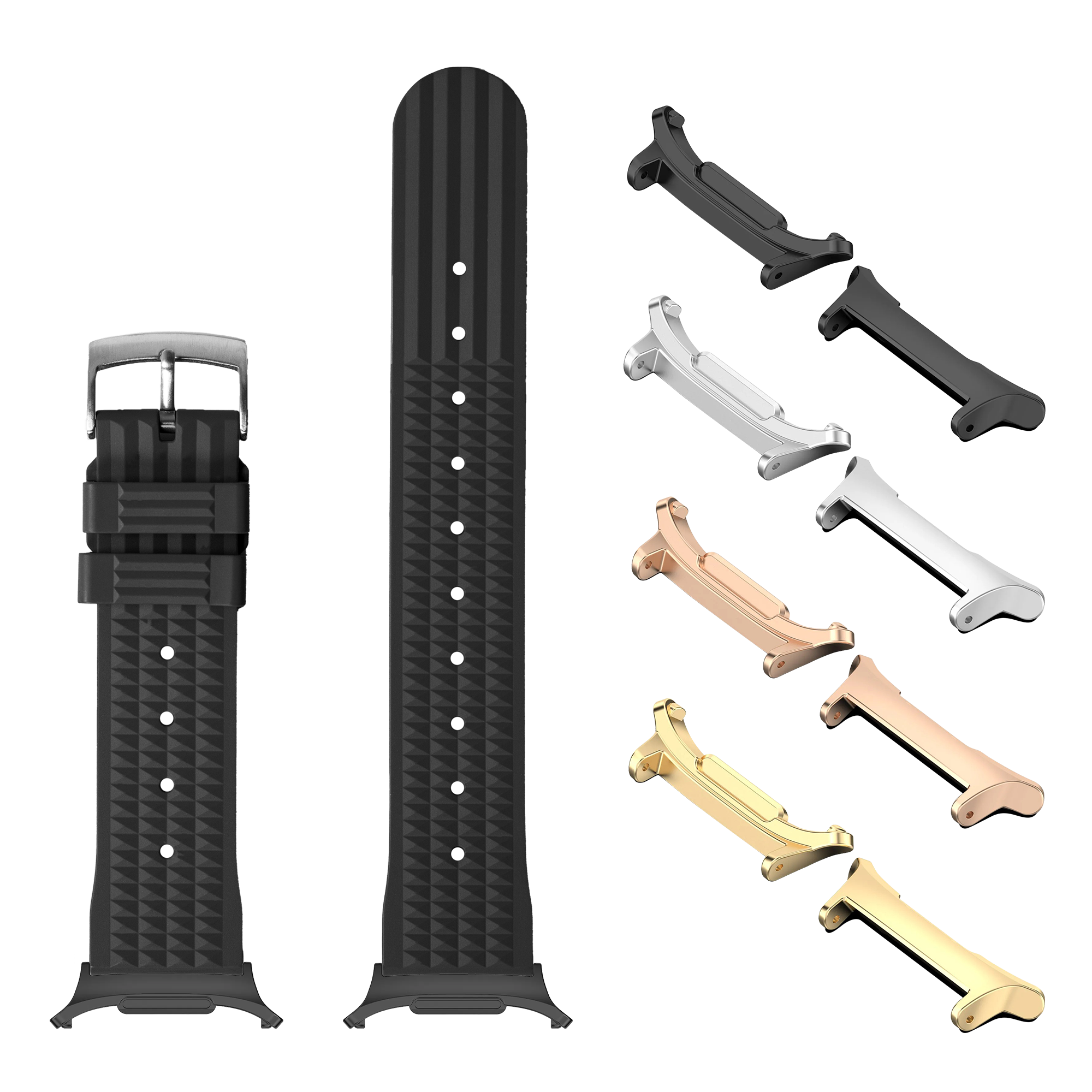 Black ribbed FKM rubber watch band with silver buckle and interchangeable metal lugs in multiple finishes