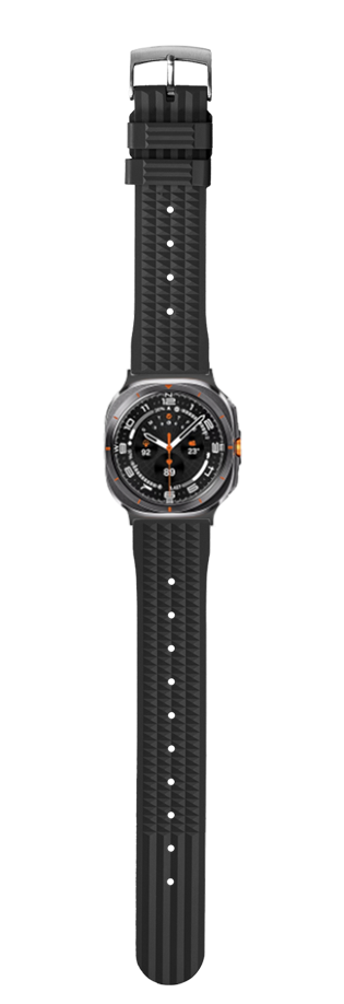 Black FKM rubber watch strap with waffle texture pattern and white stitching, displayed with sport watch face featuring orange accents