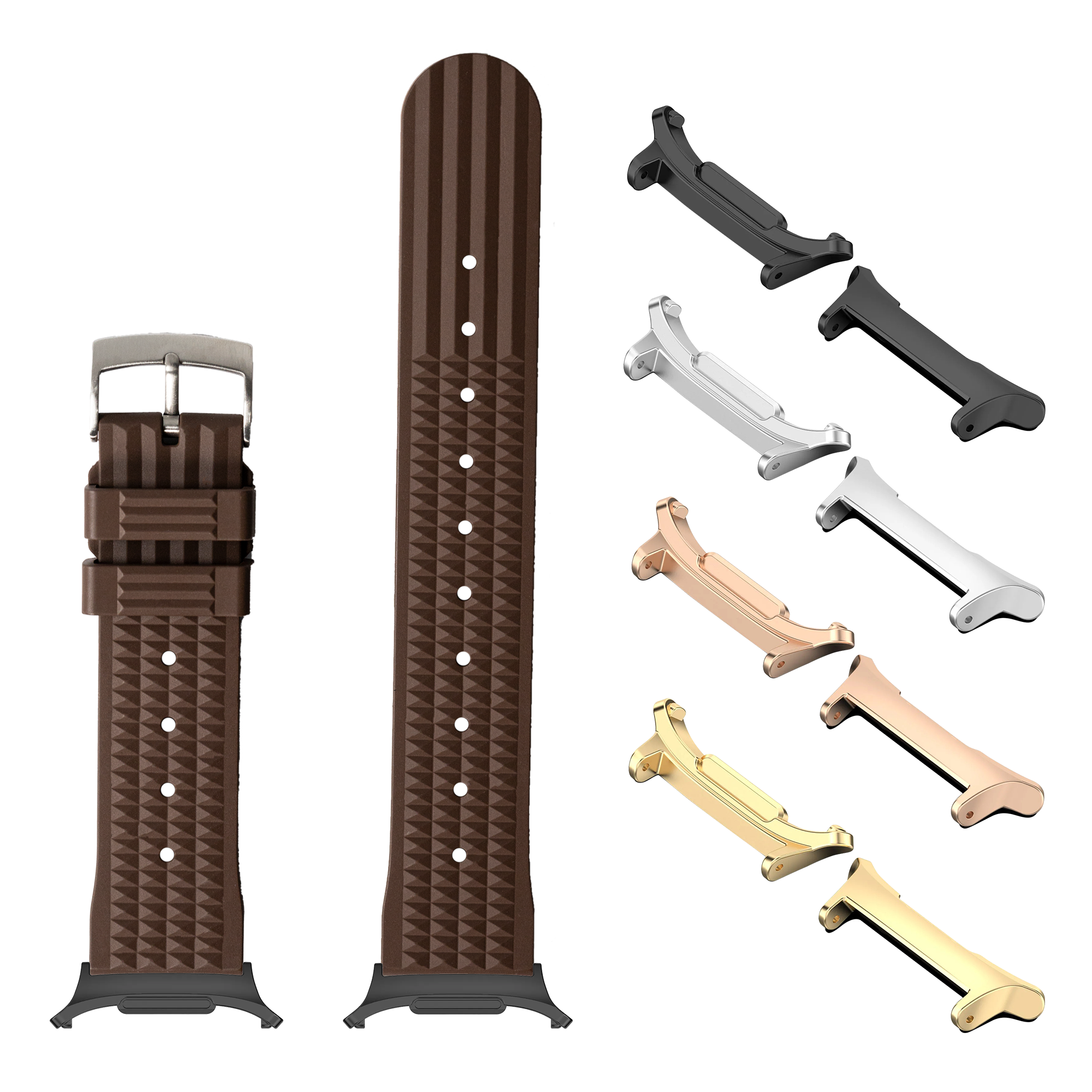 Brown waffle FKM rubber watch band with matching buckle and interchangeable lugs in multiple metal finishes