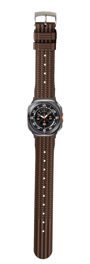 Galaxy Watch 8 Ultra with coffee brown textured FKM rubber waffle band and black dial with orange accents