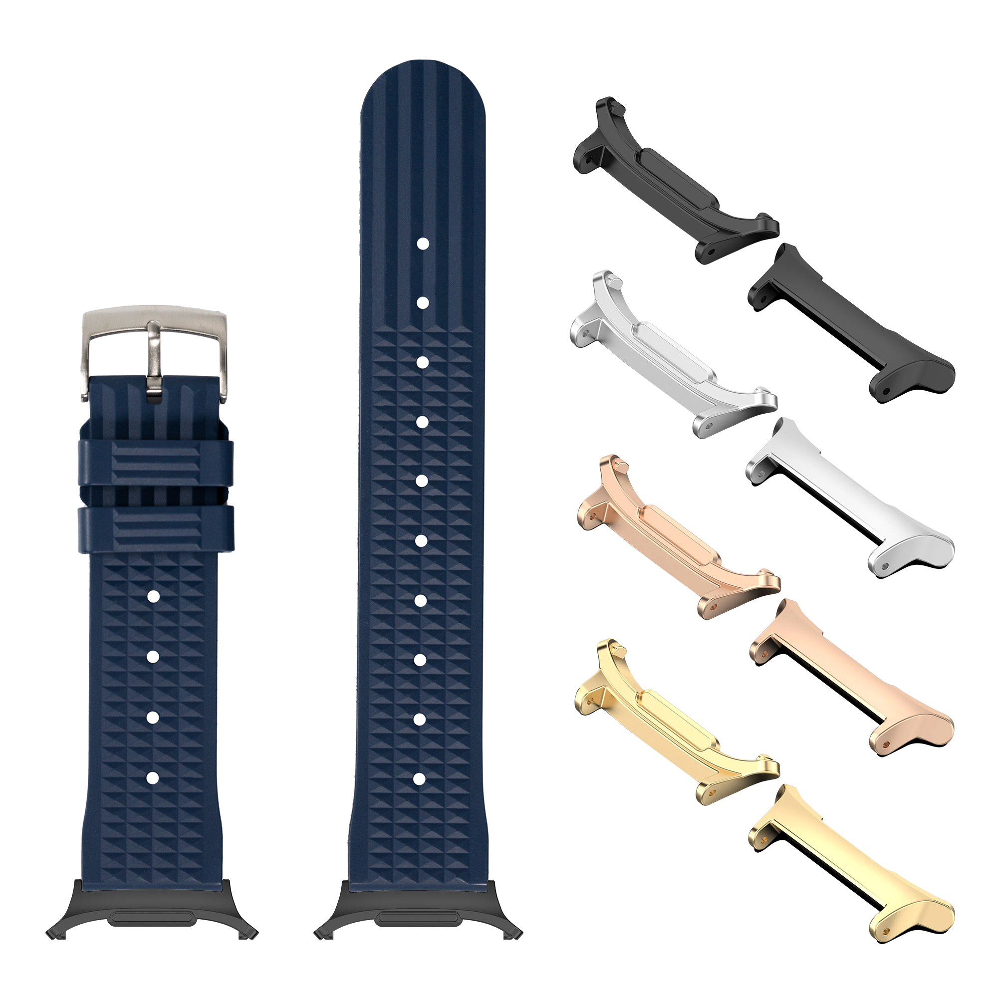 Navy blue waffle rubber watch band with matching buckle and interchangeable metal lugs in multiple finishes for Galaxy Watch