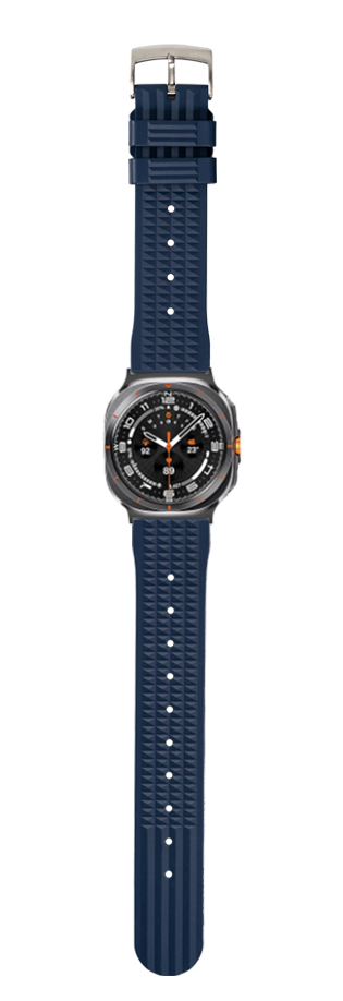 Navy blue FKM rubber waffle watch band with silver buckle and black sport watch face with orange accents