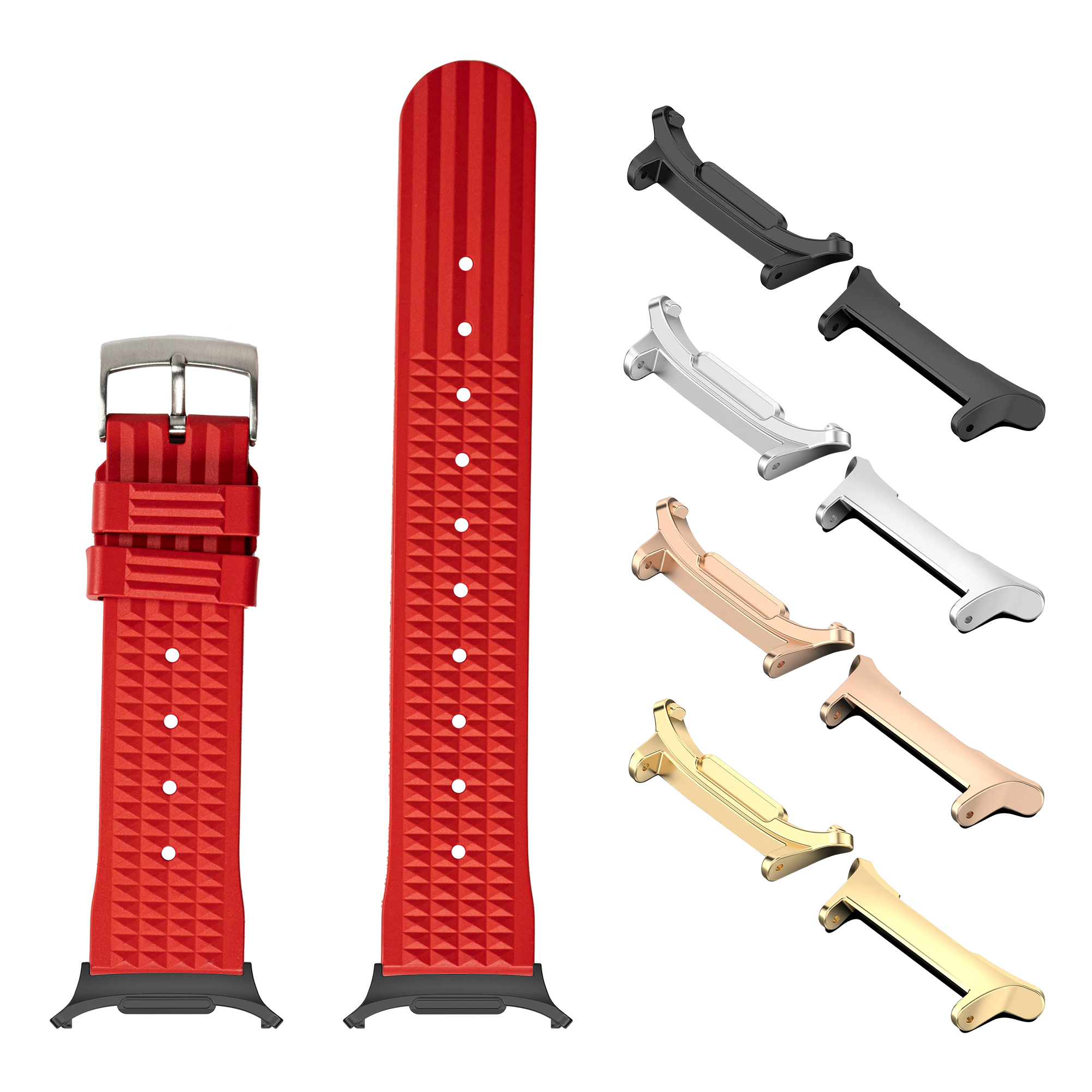 Red quilted FKM rubber smartwatch bands and replacement lugs in multiple finishes for Galaxy Watch 8 and Ultra