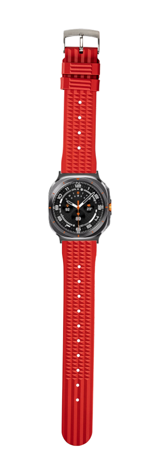 Black dial sports watch with red textured rubber strap and silver buckle