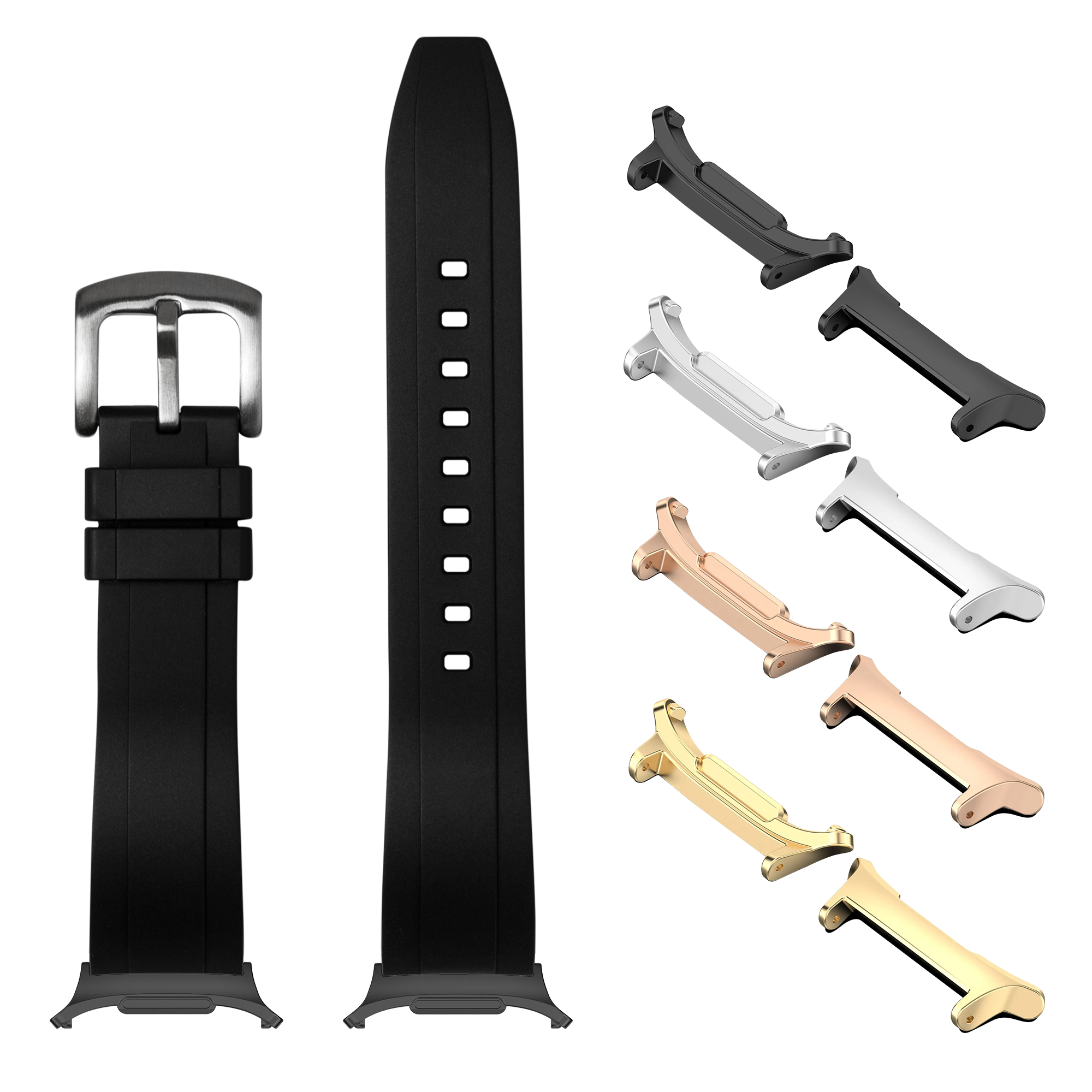 Black FKM rubber smartwatch band with metal buckle and interchangeable lugs in multiple finishes for Galaxy Watch 8 Ultra
