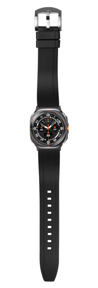 Black rubber smartwatch band with stainless steel buckle and digital dial display featuring orange accents and world time complications