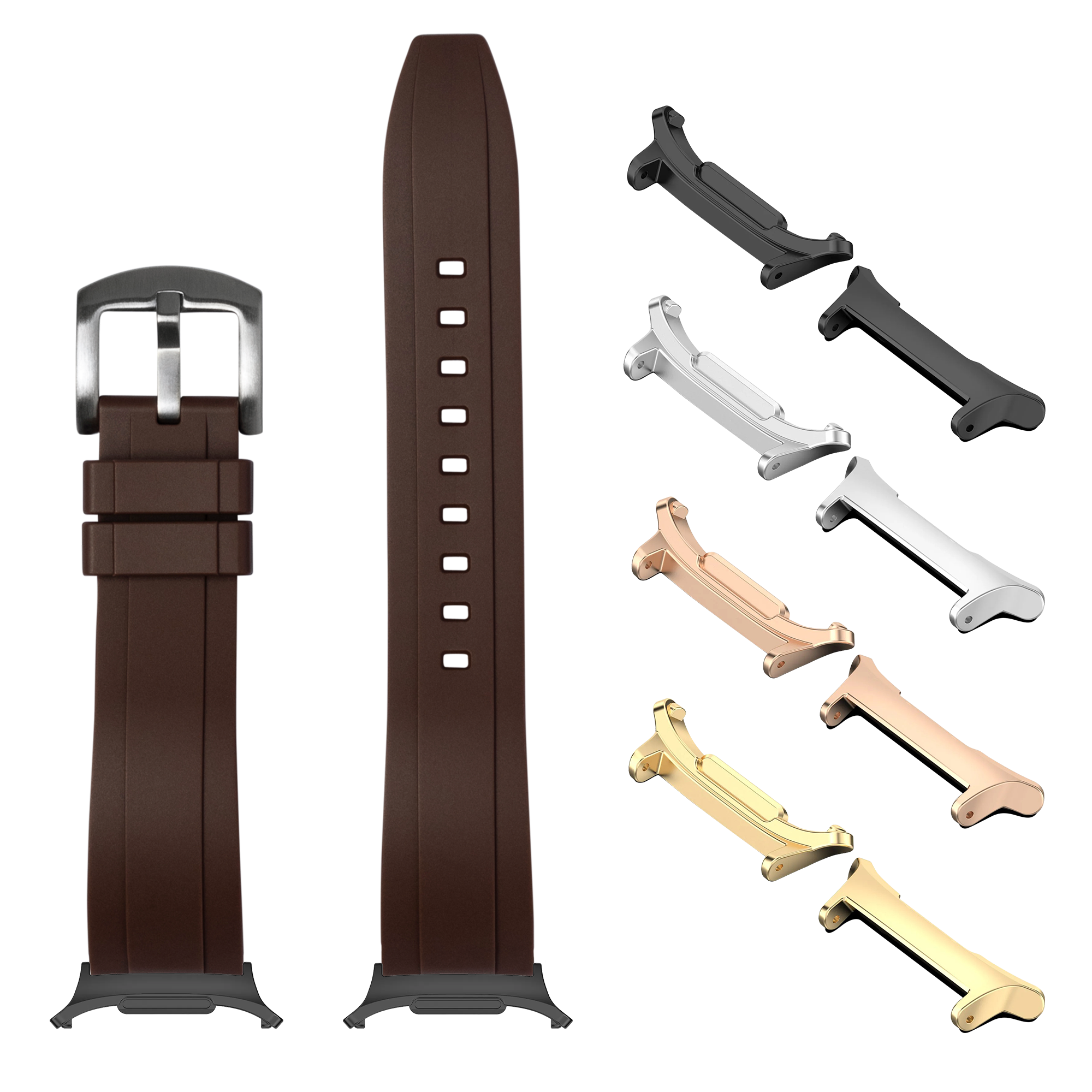 Brown rubber watch band with interchangeable metal lugs in silver, gold, rose gold, and black finishes for Galaxy Watch 8 and Ultra