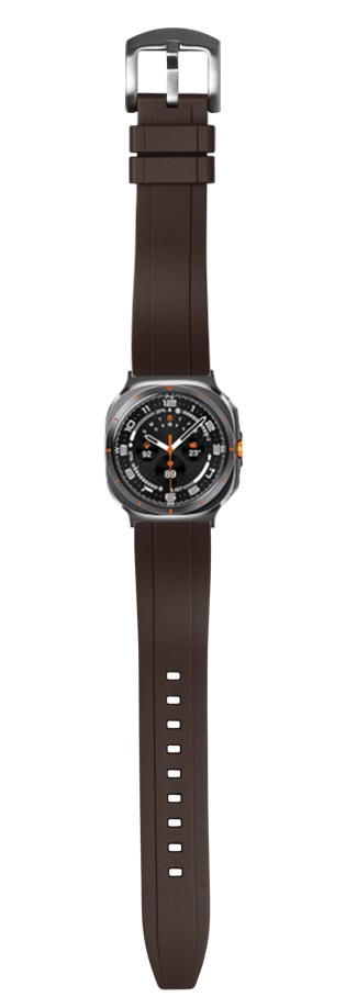 Men's smartwatch with brown rubber strap, black dial, orange accents, and stainless steel case on white background