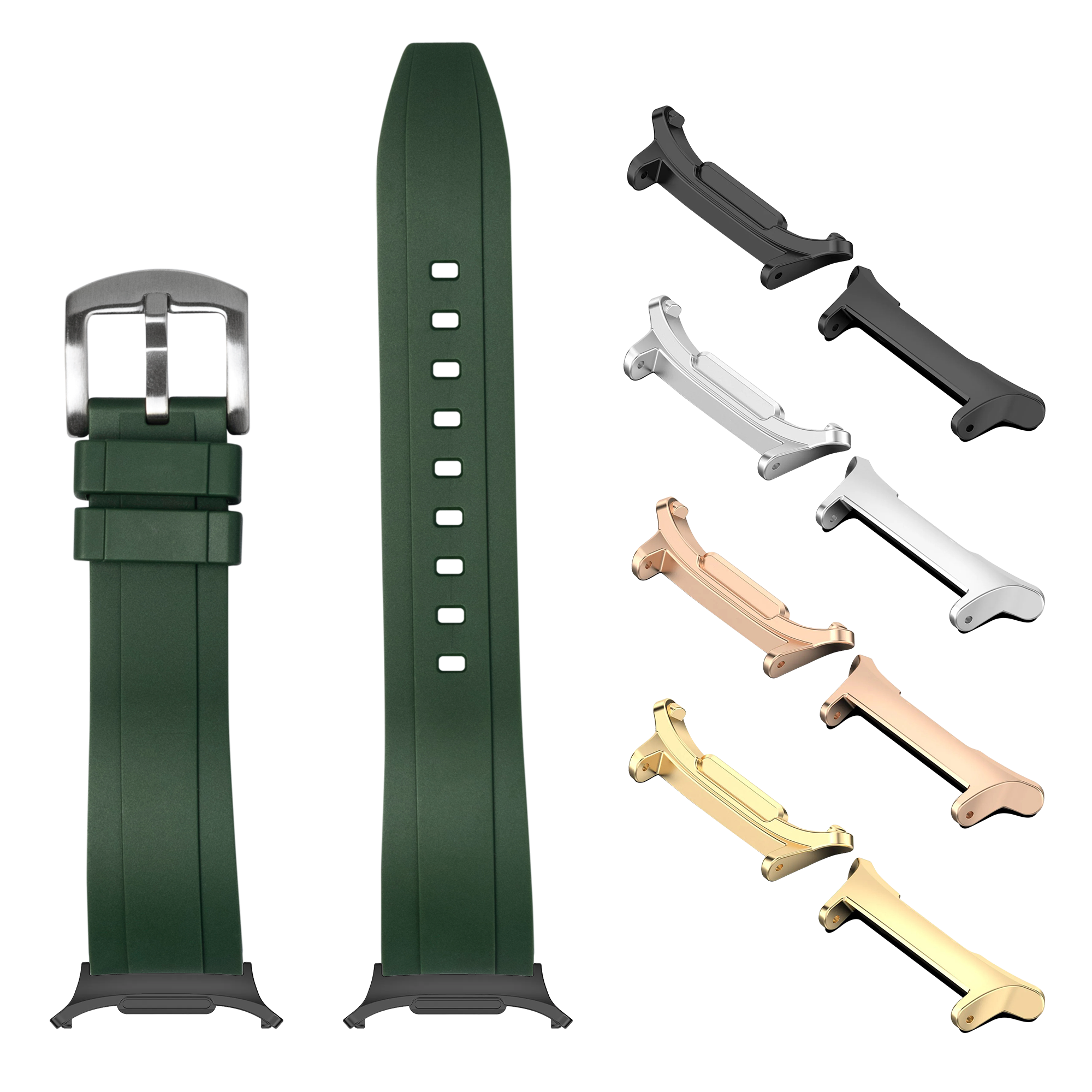 Kingston FKM rubber watch band forest green with interchangeable metal buckles and lugs in silver, gold, rose gold, and black finishes