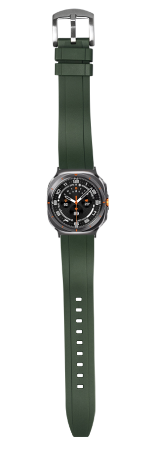 Galaxy Watch sports watch with forest green silicone band and black dial with orange accents, full view