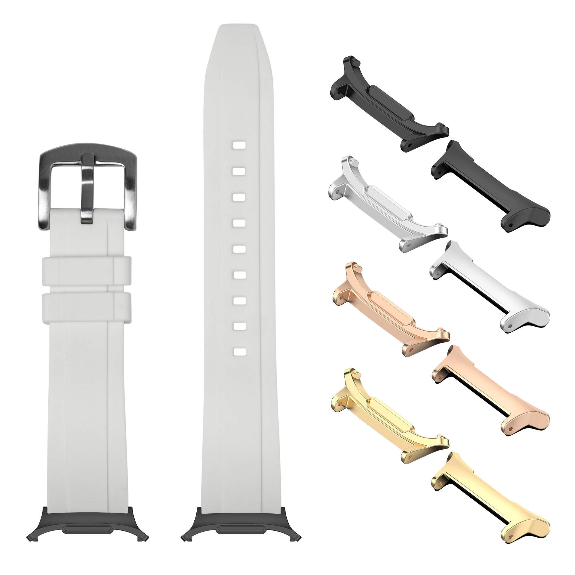 Kingston FKM rubber watch bands in ice white with interchangeable metal hardware connectors in multiple finishes