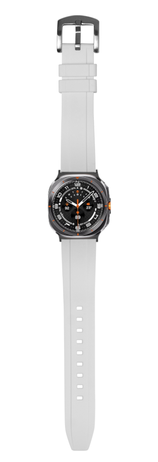 Black sports watch with orange accents on white rubber strap, Galaxy Watch Ultra smartwatch with digital display