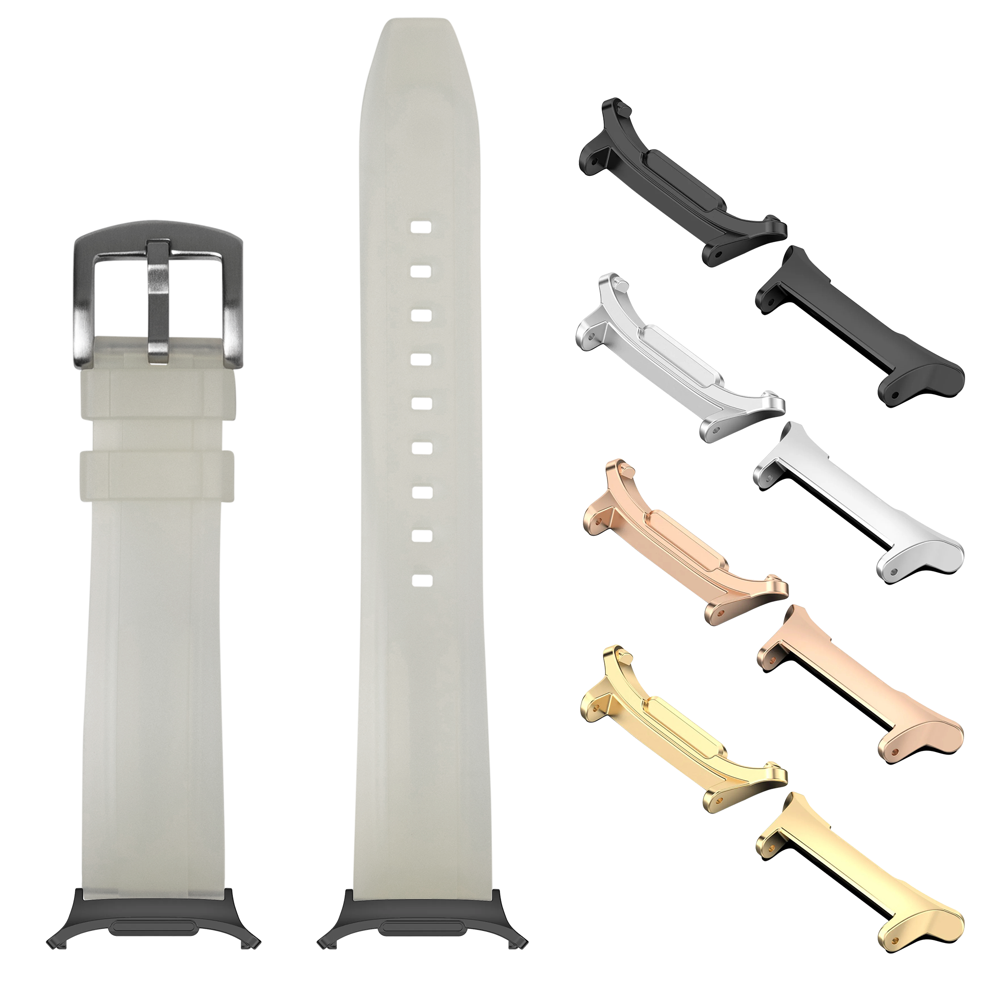 Jellyfish white rubber watch band with metal buckle, interchangeable lugs in black, silver, rose gold and gold finishes