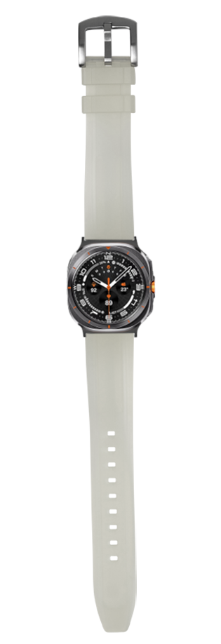 Galaxy Watch 8 Ultra with jellyfish white FKM rubber strap and black dial featuring orange accents