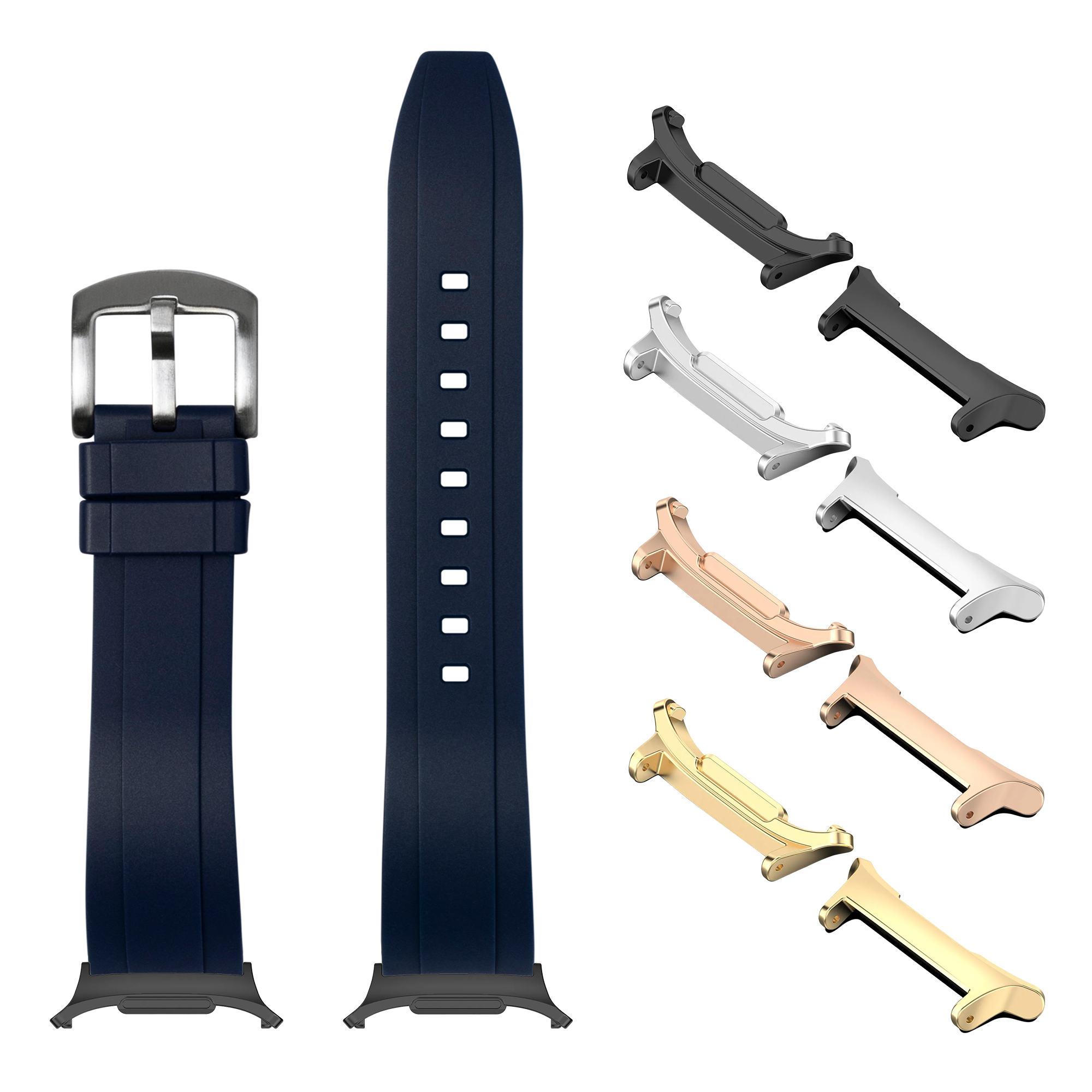 Navy blue rubber watch band with silver buckle and interchangeable metal lugs in multiple finishes including black, silver, rose gold, and gold