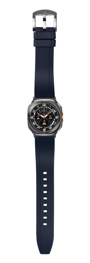 Men's smartwatch with midnight blue rubber strap, black dial face with orange accents, and stainless steel case featuring digital display