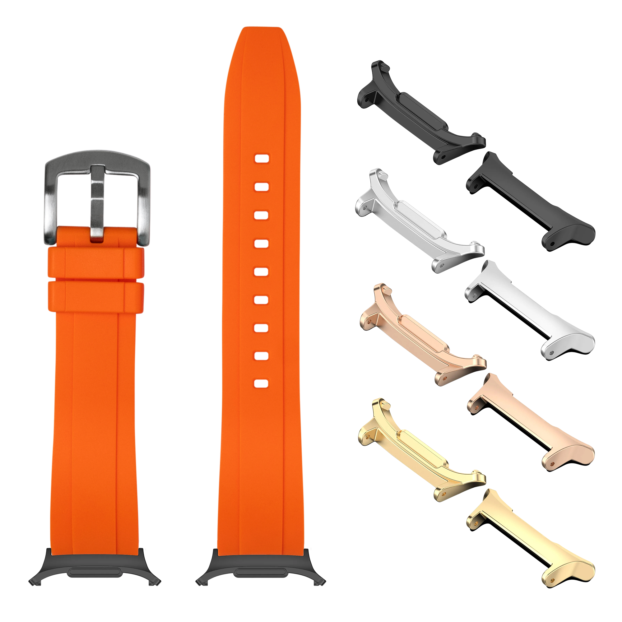 Orange rubber watch band with interchangeable metal buckles in multiple finishes including black, silver, rose gold, and gold
