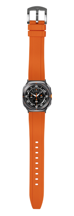 Orange rubber sports watch with black dial, silver buckle, and white hour markers on orange silicone band