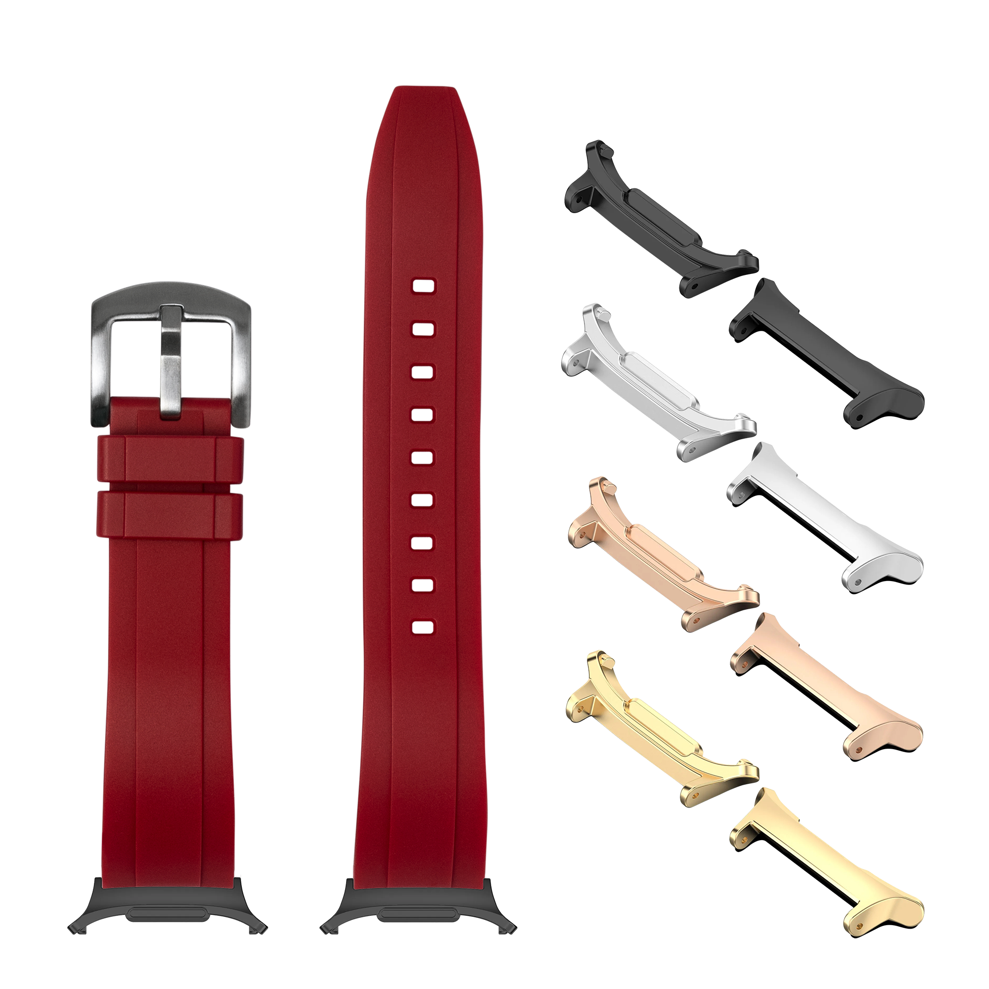 Red silicone watch band with stainless steel buckle and interchangeable metal lugs in multiple finishes for Galaxy Watch