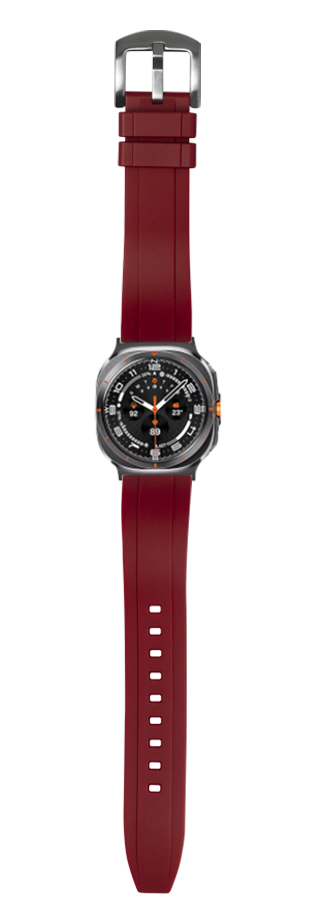 Red FKM rubber watch band with gunmetal buckle and black dial sports watch, compatible with Galaxy Watch models
