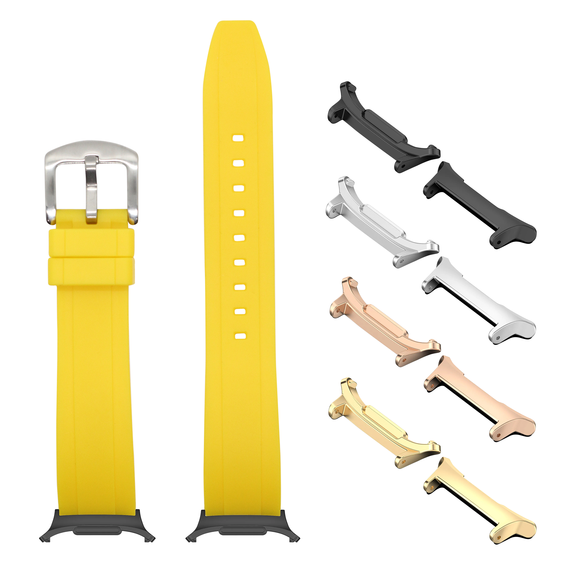 Yellow silicone watch band with interchangeable metal buckles in silver, black, rose gold, and gold finishes for Galaxy Watch 8 and Ultra