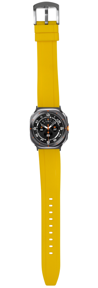 Yellow rubber sports watch strap with gunmetal case and black dial, featuring silver buckle and orange accents