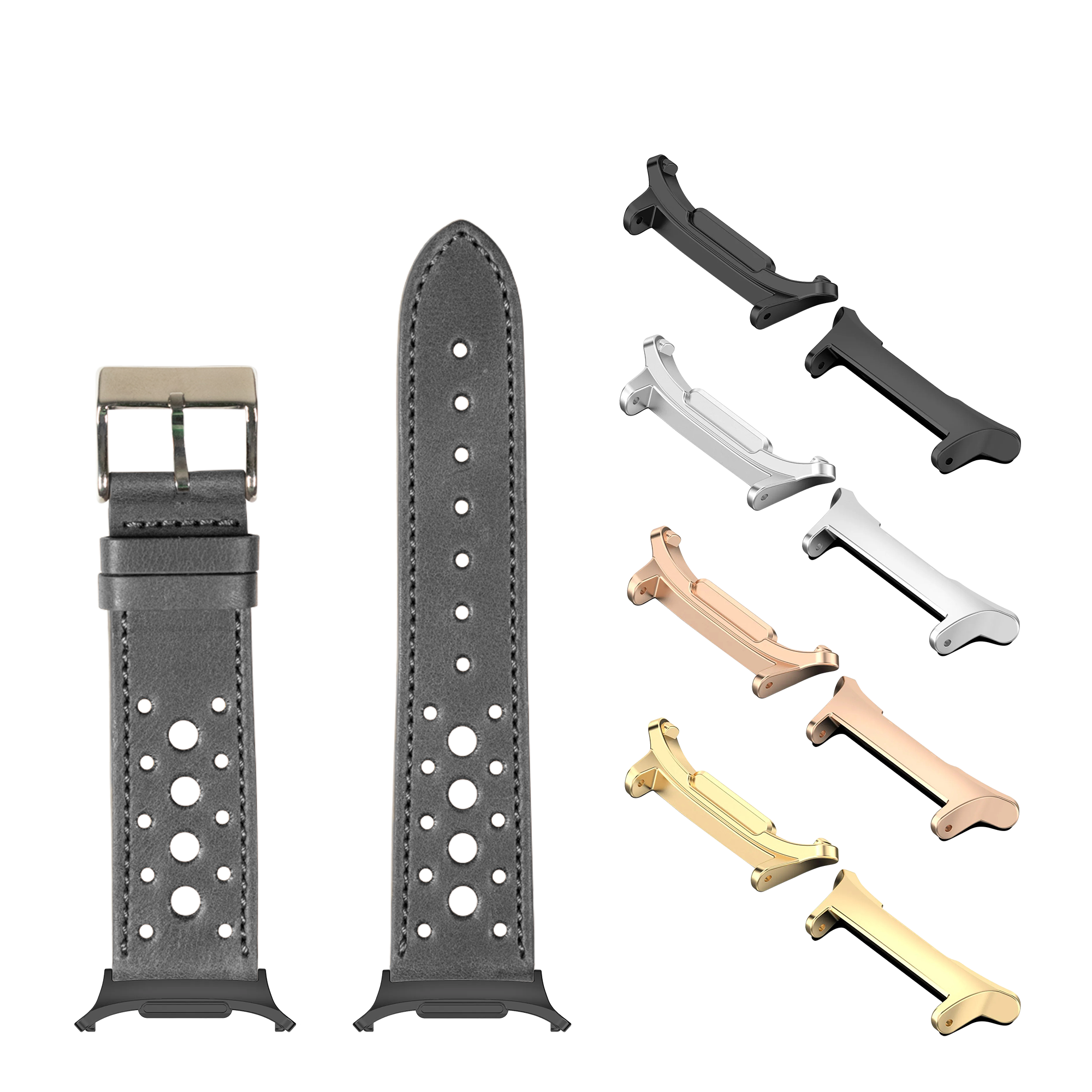 Leather watch bands and metal adapters for Galaxy Watch 8 and Ultra in black, gray, rose gold, and gold finishes