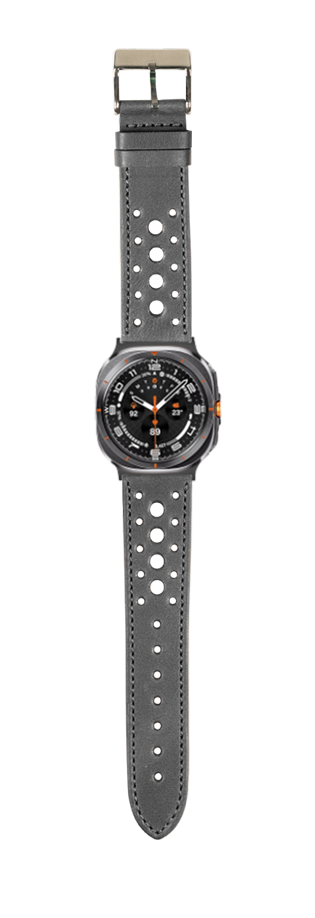 Black leather perforated sports watch strap with metal buckle and black dial chronograph watch face