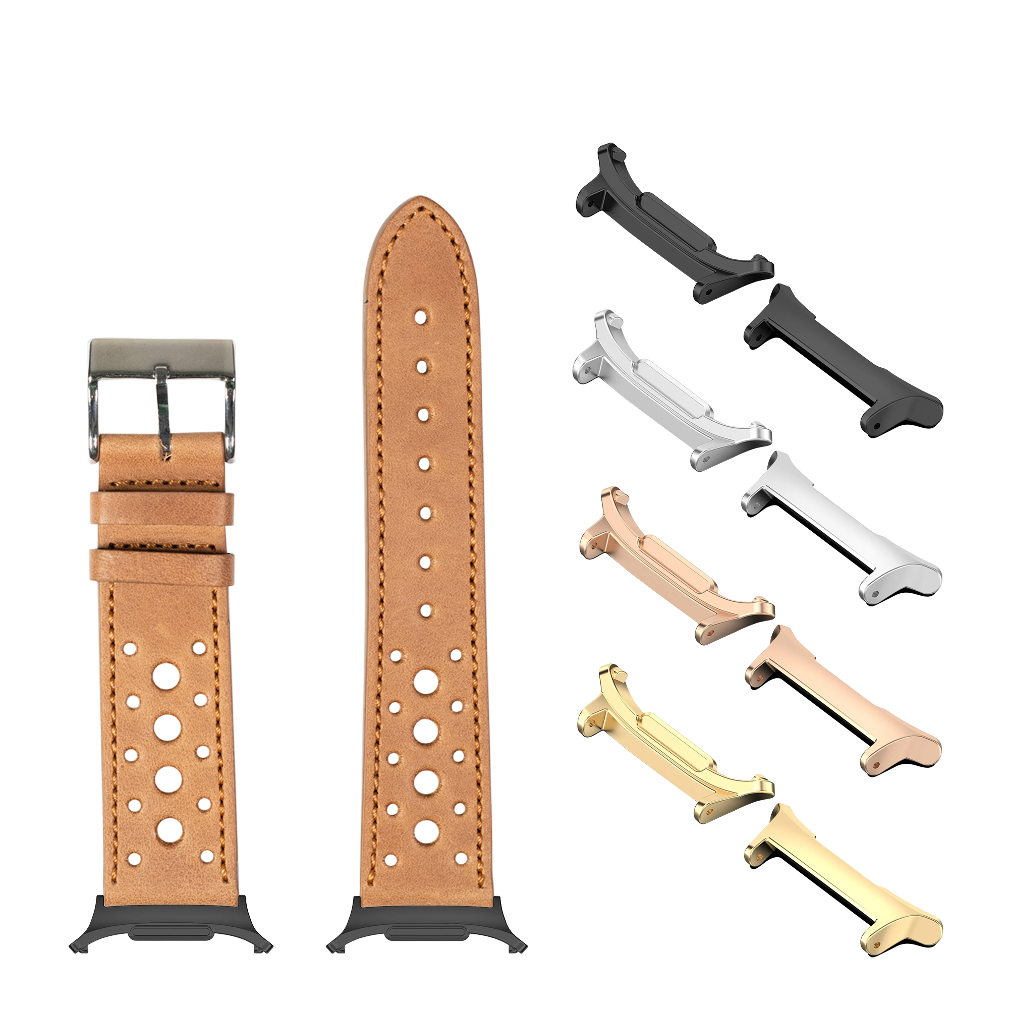 Brown leather Daytona watch band with perforated design, stainless steel buckle, and interchangeable metal link connectors in silver, rose gold, and gold finishes