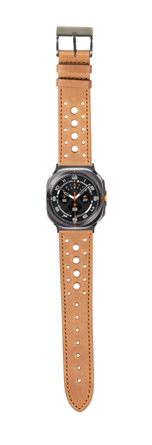 Men's smartwatch with tan leather perforated strap and black dial with orange accents