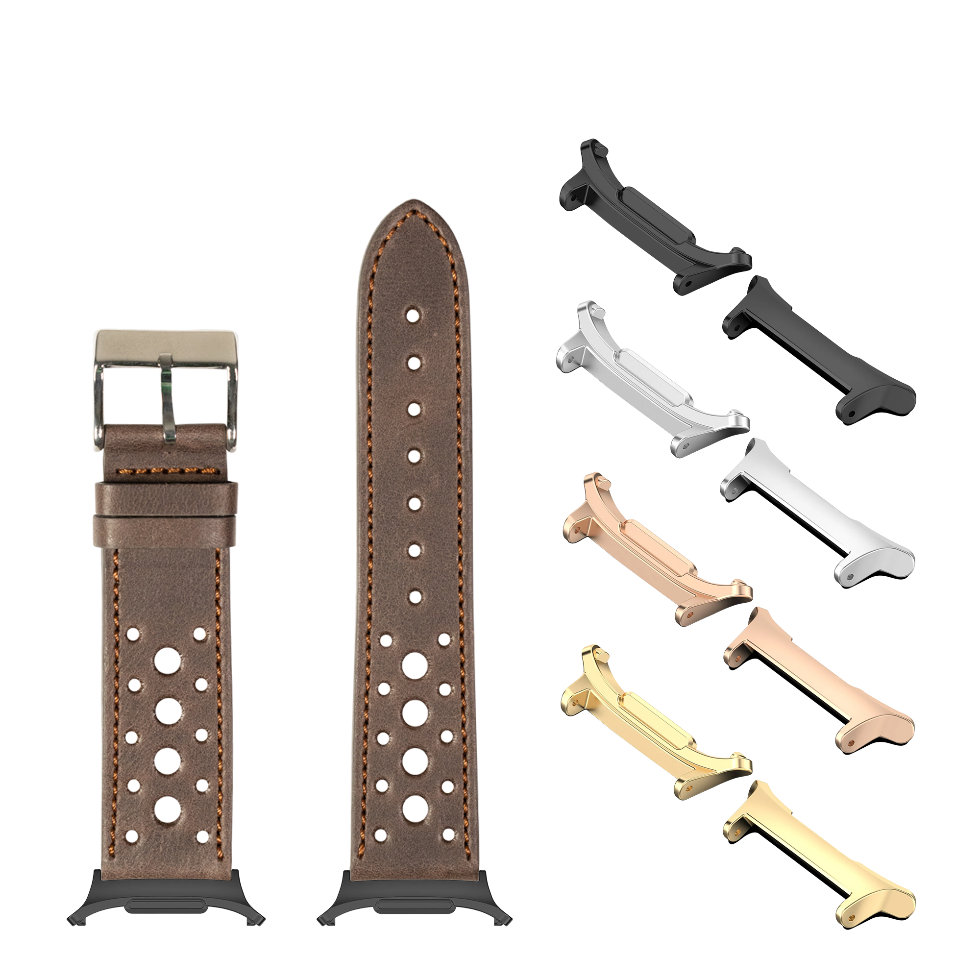 Brown leather smartwatch band with perforated design and interchangeable metal lugs in multiple finishes including black, silver, rose gold and gold
